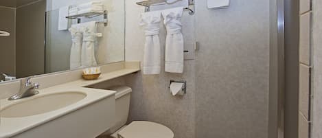 Shower, free toiletries, hair dryer, towels