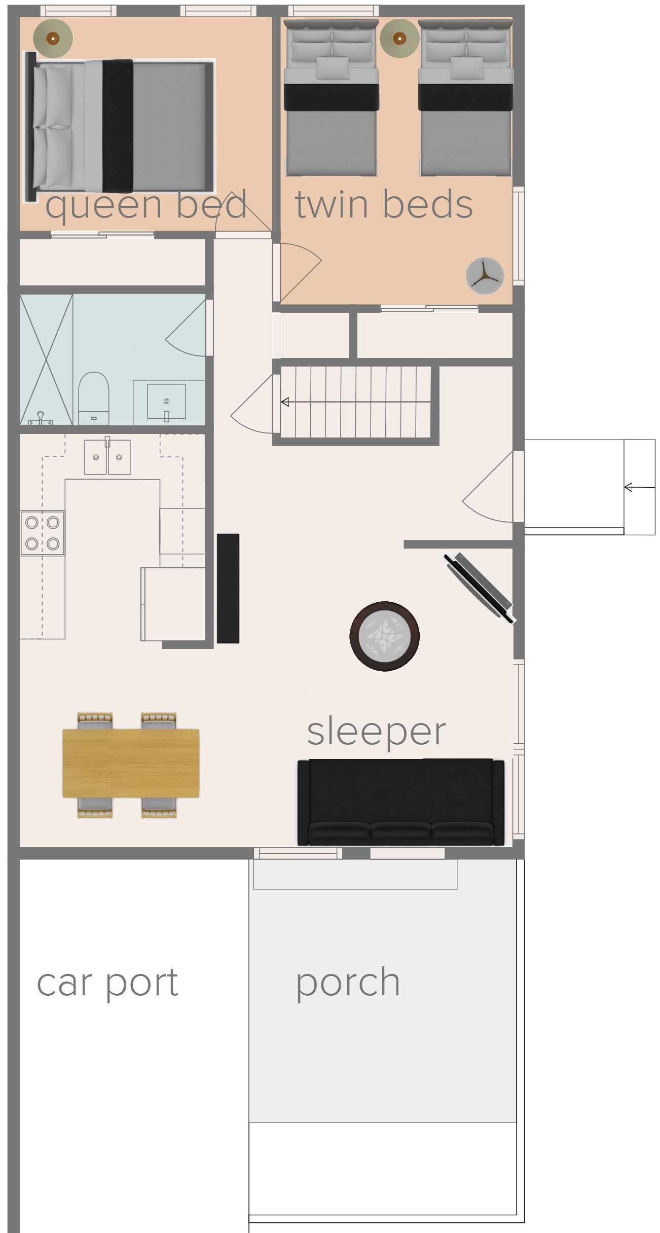 Plano de planta que muestra una cama tamaño reina, camas individuales, una cama plegable, un aparcamiento y un porche.