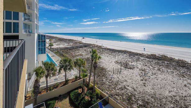 A beachfront hotel with a pool, palm trees, and a view of the beach and ocean.
