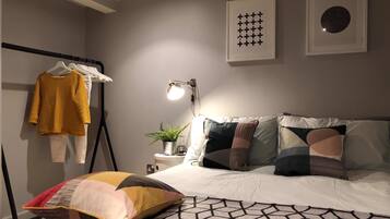 1 bedroom, desk, blackout curtains, iron/ironing board