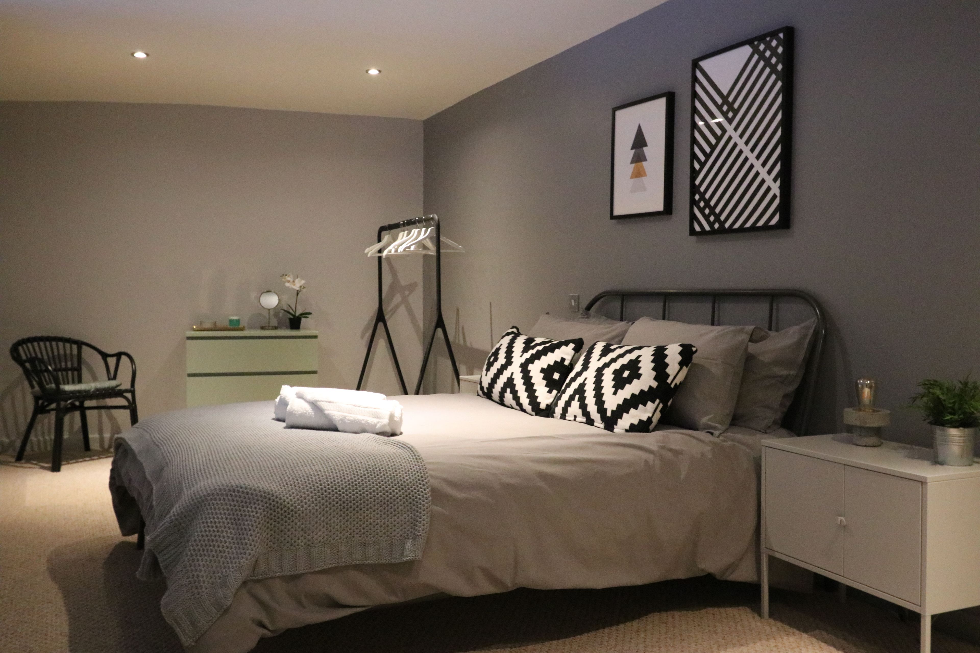 1 bedroom, desk, blackout drapes, iron/ironing board