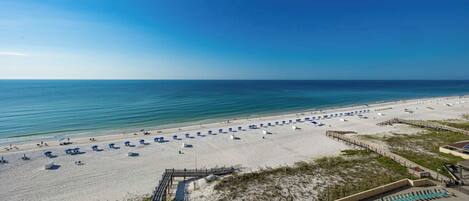 A beach with rows of umbrellas and lounge chairs, a wooden boardwalk, and a pool area.