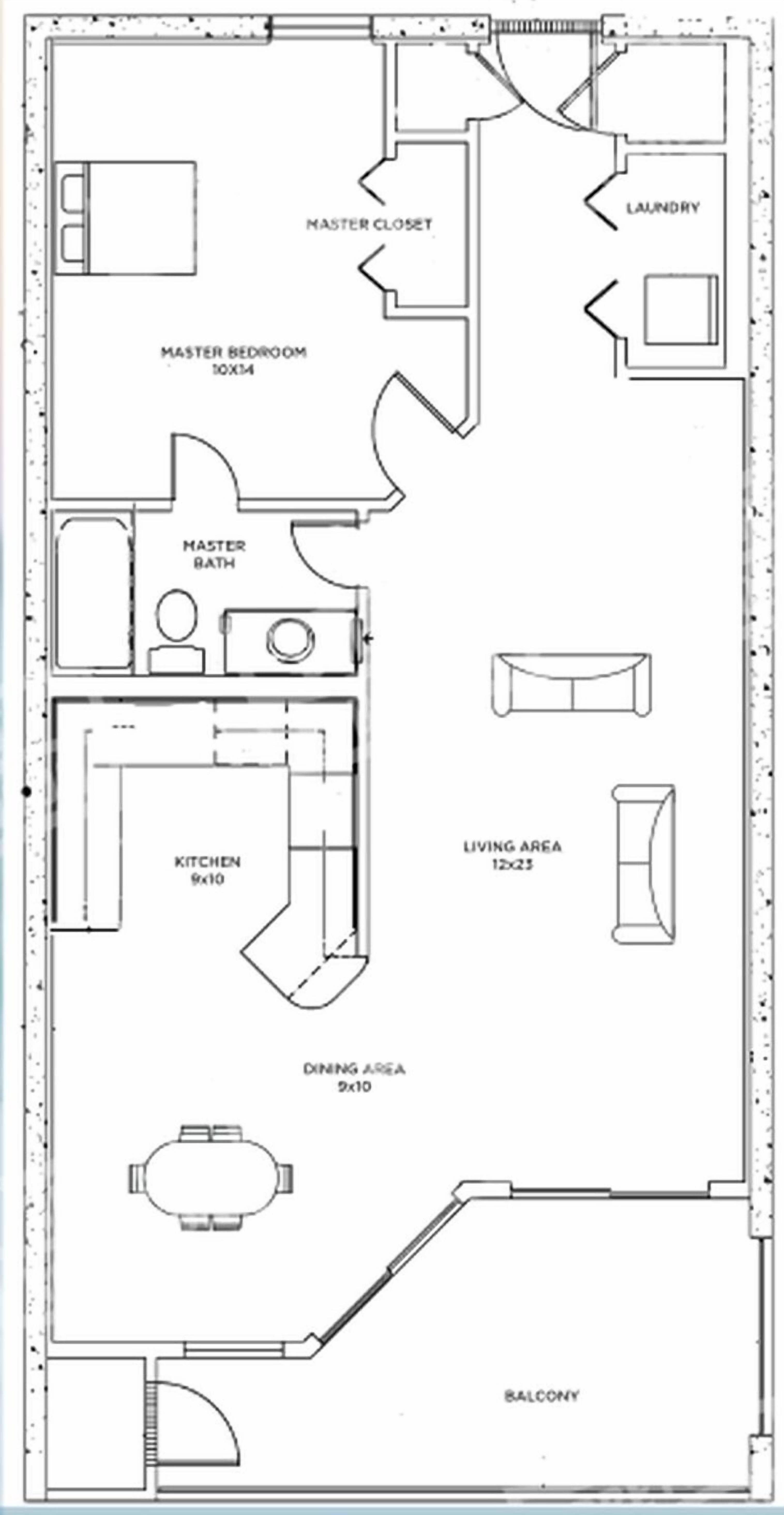 Un plan d’étage comprenant une chambre principale, une salle de bain attenante, une cuisine, un coin repas, un salon, un balcon et un grand dressing.