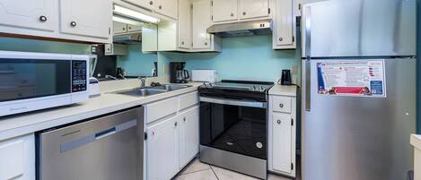 Fridge, microwave, oven, dishwasher