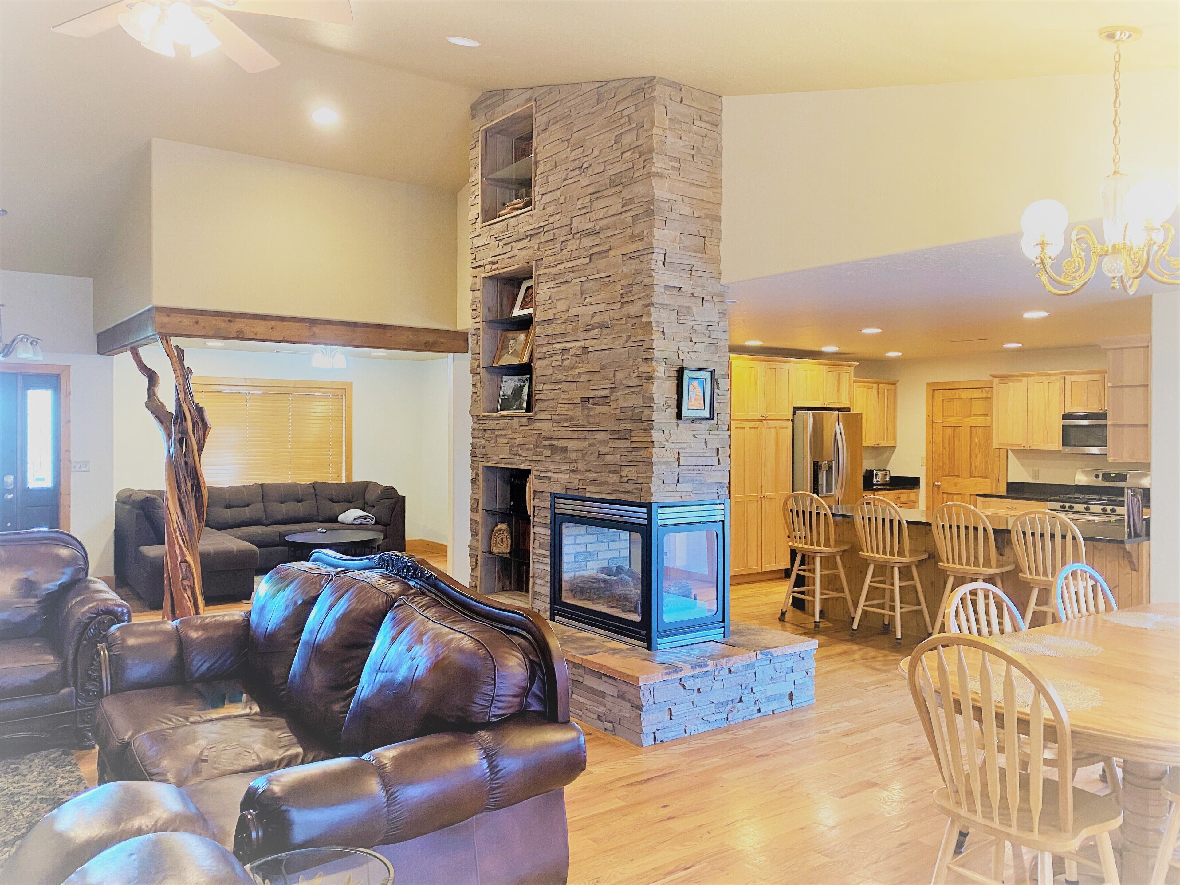 TV, fireplace, books