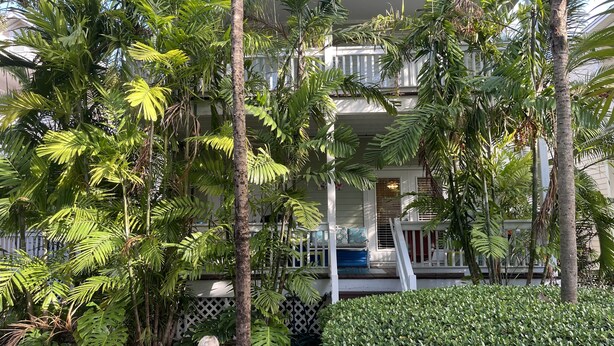 A lush garden with various tropical plants and a white building with a balcony in the background. -  Casa Capri Beautiful Tropical with 3 King Suites - 2 miles to beach (Key West)