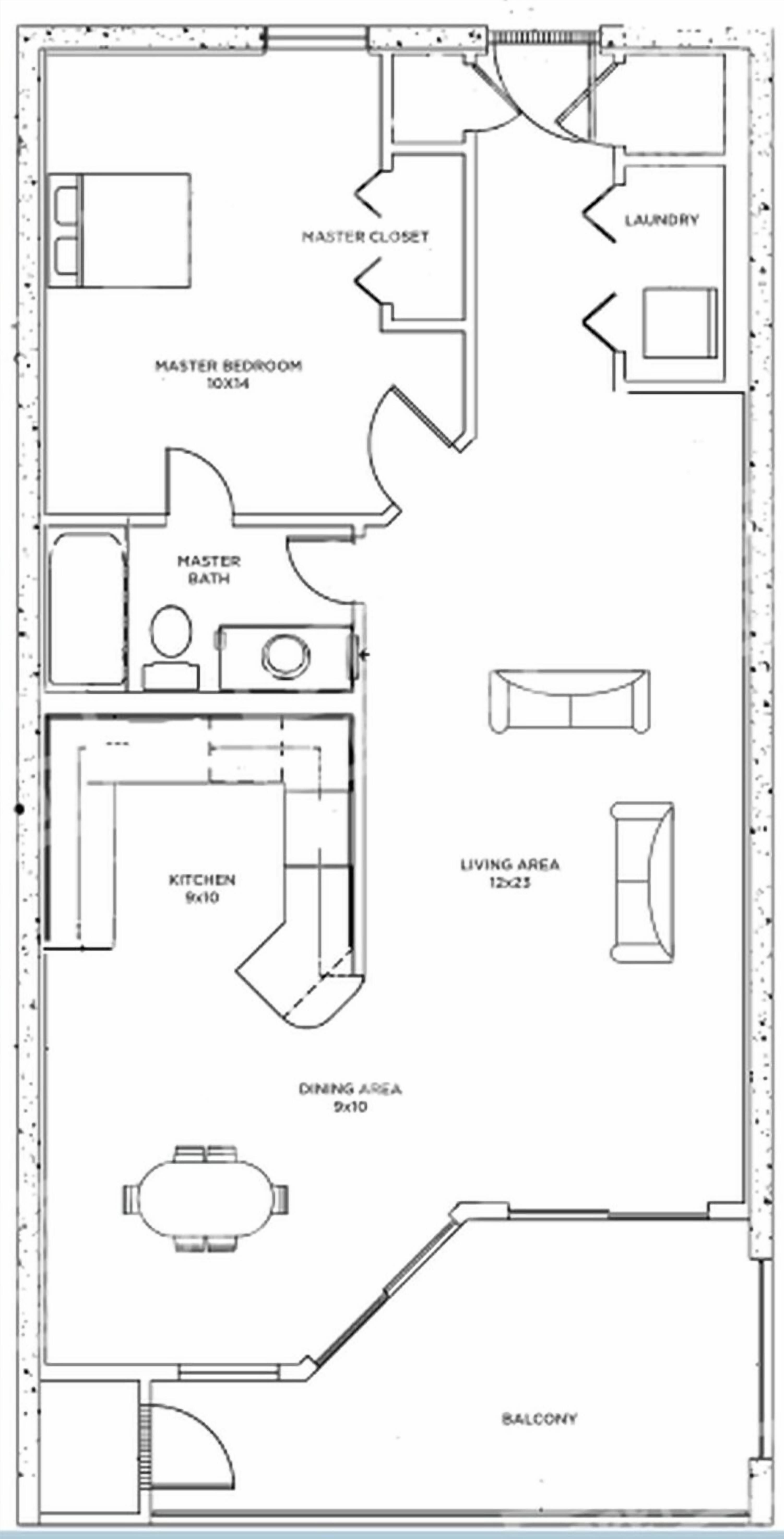 Plano de planta que muestra un dormitorio principal, baño principal, cocina, comedor, sala de estar, balcón y un closet para el dormitorio principal.