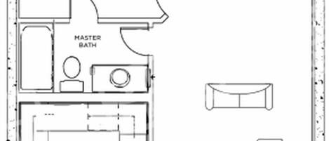 Plano de planta que muestra un dormitorio principal, baño principal, cocina, comedor, sala de estar, balcón y un closet para el dormitorio principal.