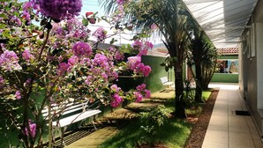 Un espacio al aire libre techado con un banco blanco, paredes verdes y plantas florecientes.