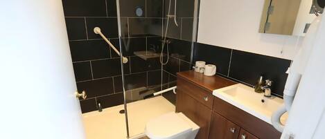A modern bathroom with a glass-enclosed shower, a white toilet, and a wooden vanity with a sink.