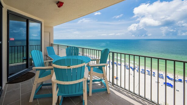 A balcony with a view of the beach and ocean. - Beachfront Fun & Nightlife Phoenix X 1406 (Orange Beach)