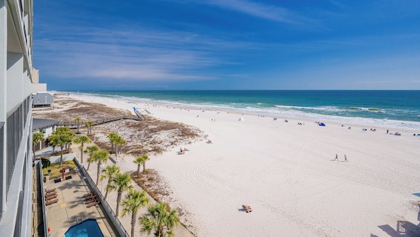 A beach view from a balcony with a pool, palm trees, and a clear sky.