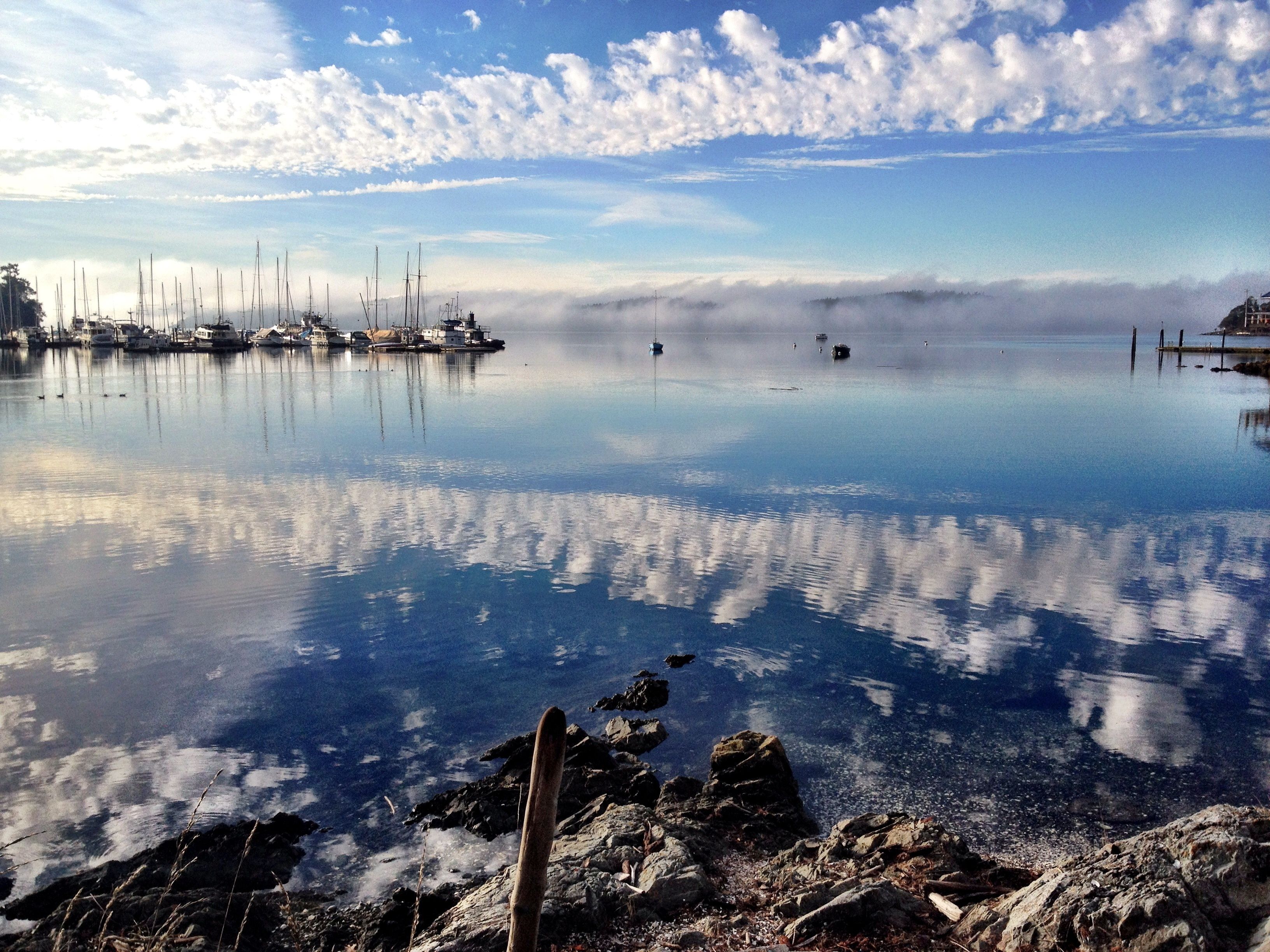 A calm harbor with boats and a rocky shoreline.