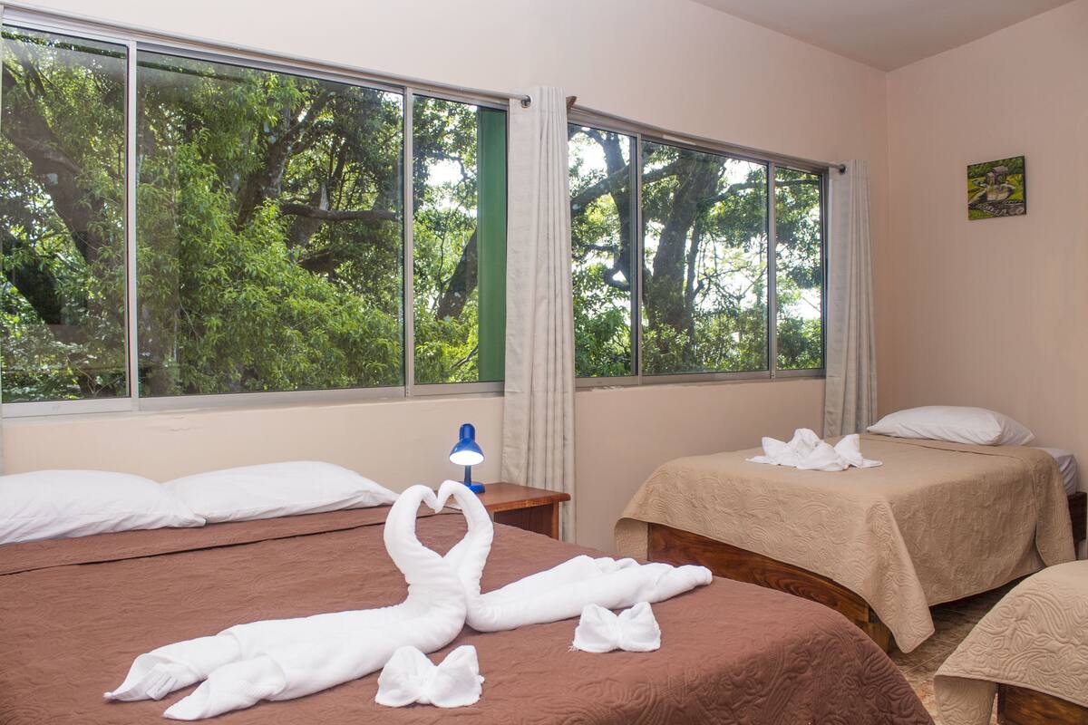 Una habitación de hotel con dos camas, un ventanal con vistas a árboles y un cuadro en la pared.