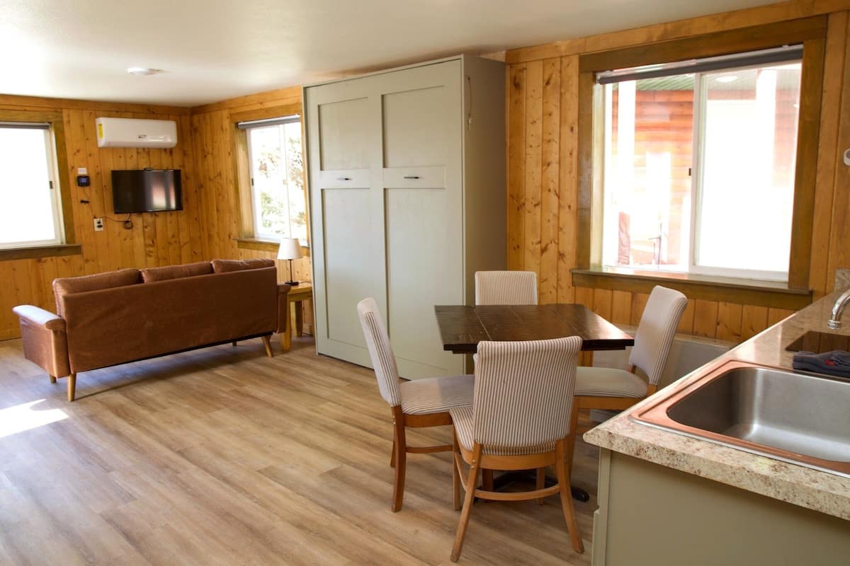 A compact room with a sofa, dining table, chairs, a TV, and a window with a view.