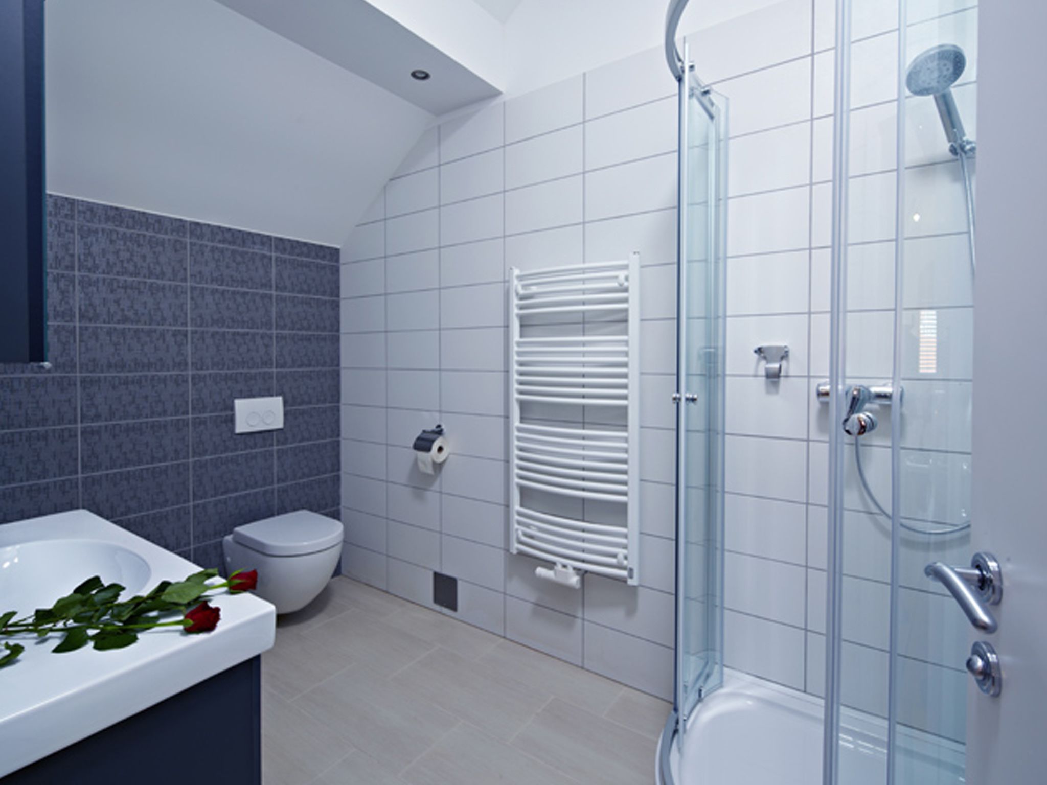 A modern bathroom with a glass-enclosed shower, a white sink, and a toilet.
