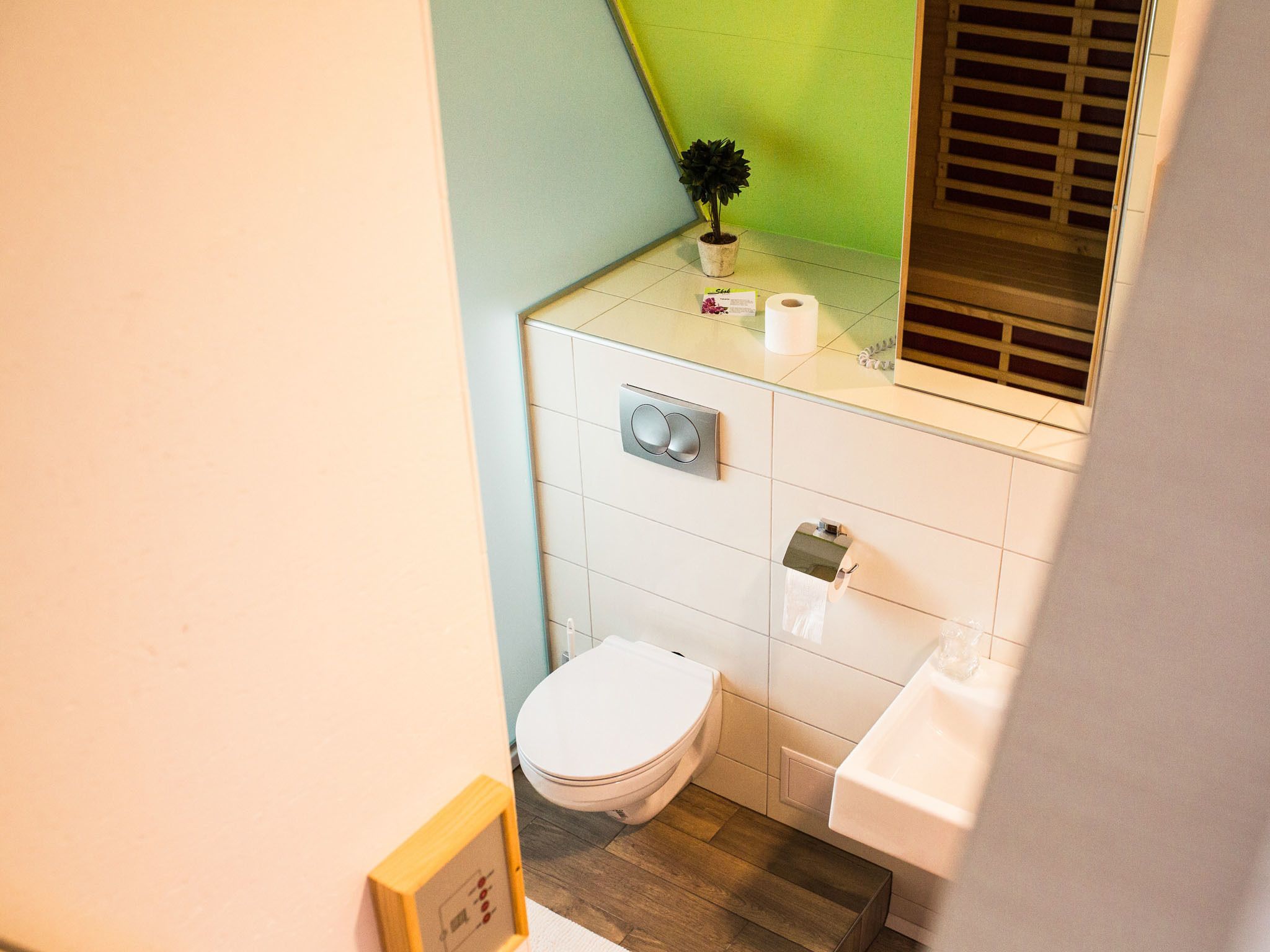 A small bathroom with a toilet, sink, and a potted plant on the counter.