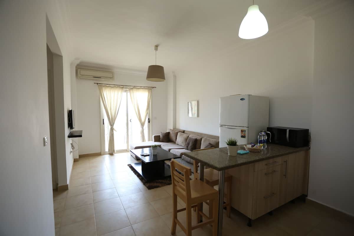 A compact living space with a kitchenette, a dining area, and a sofa.