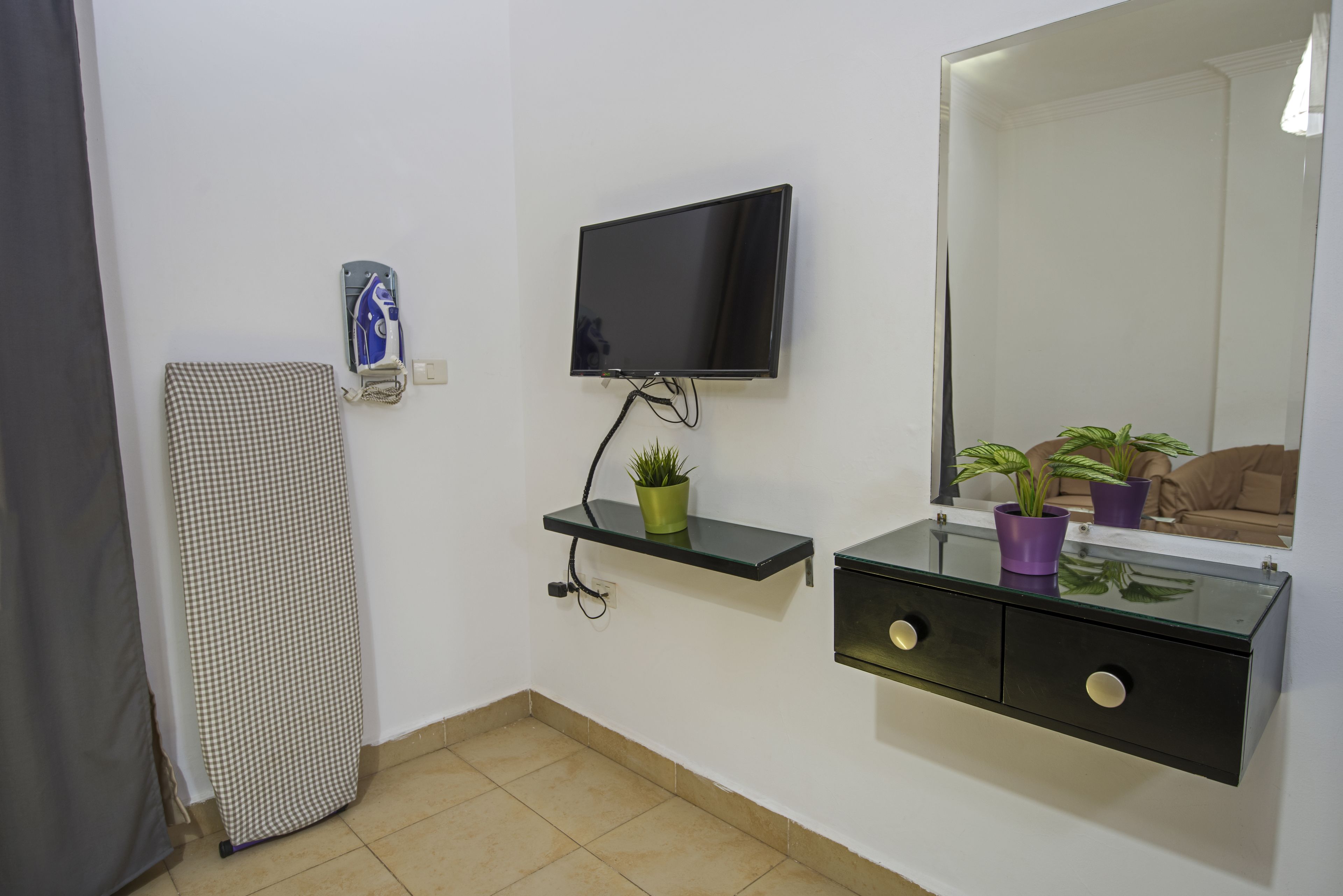 Une petite pièce propre, équipée d’un téléviseur à écran plat, d’un miroir, d’une étagère avec des plantes et d’une petite armoire.