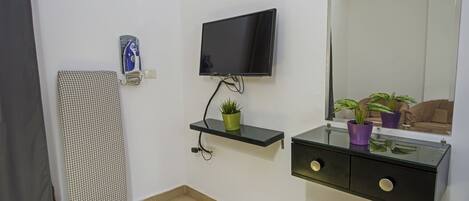 A small, clean room with a flat-screen TV, a mirror, a shelf with plants, and a small cabinet.