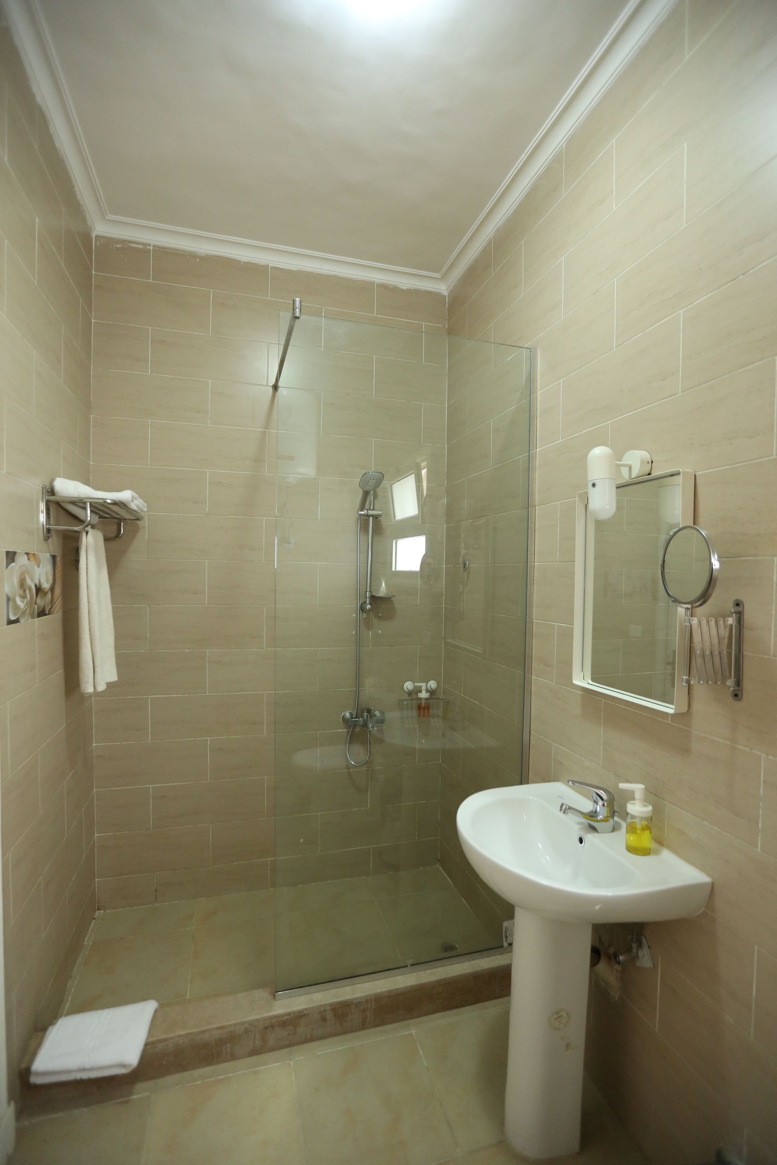 A bathroom with a glass-enclosed shower, a white sink, and a mirror.