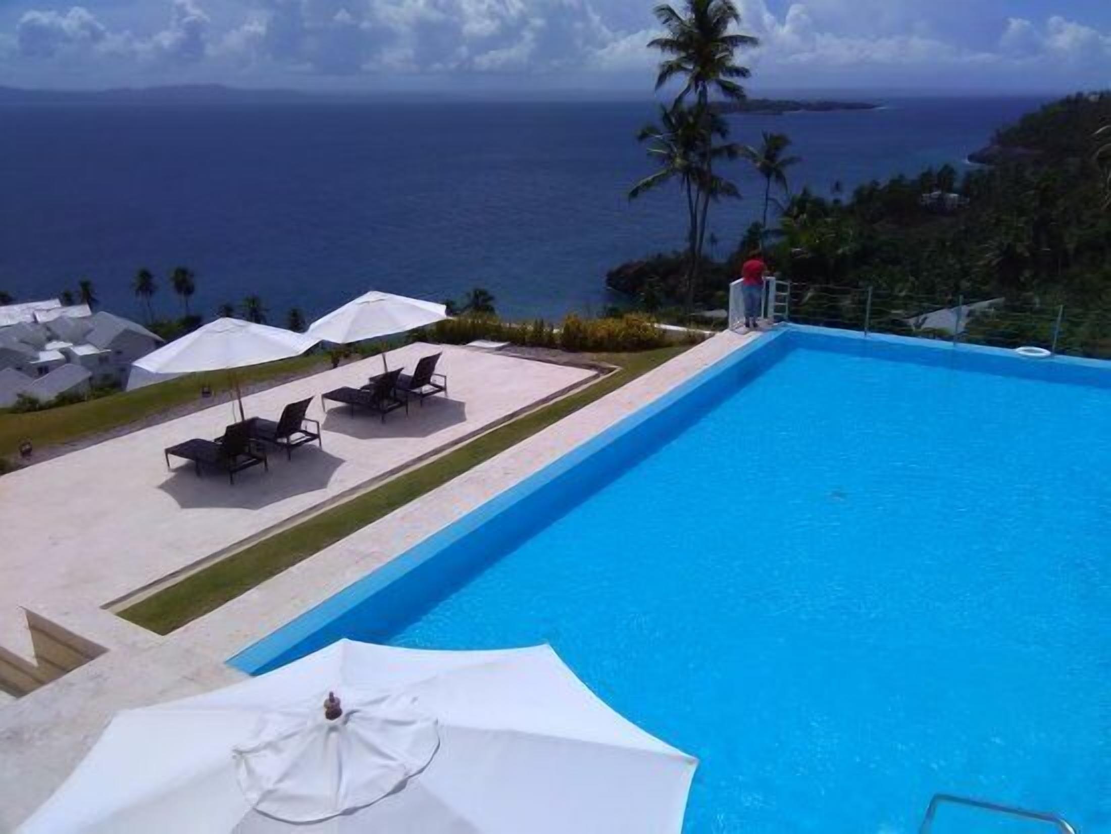 A swimming pool with lounge chairs and umbrellas, overlooking a coastal view with palm trees.