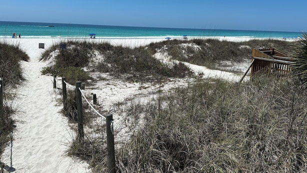 Un sentier qui longe la plage et mène à l’océan, avec une structure en bois sur la droite.