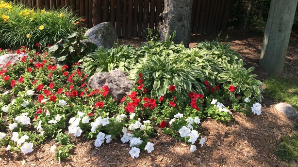 Un jardín con flores rojas y blancas, una valla de madera y un cartel que dice "Domaine du Lac".