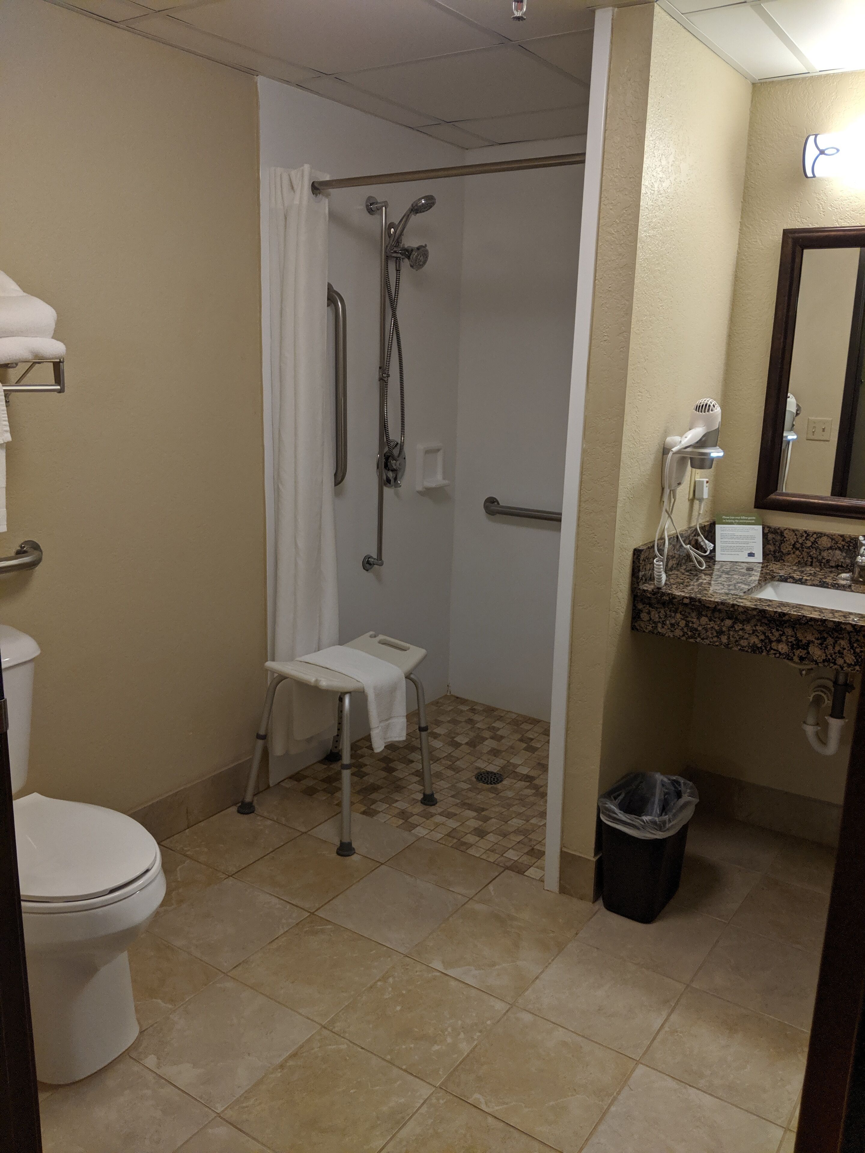 combined shower/bathtub, free toiletries, hair dryer, towels