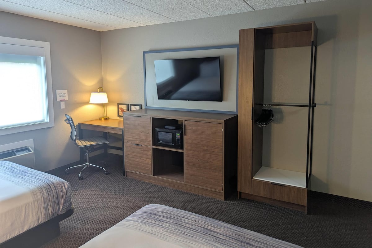 Room, 2 Double Beds, Accessible, Non Smoking | Desk, laptop workspace, blackout drapes, iron/ironing board