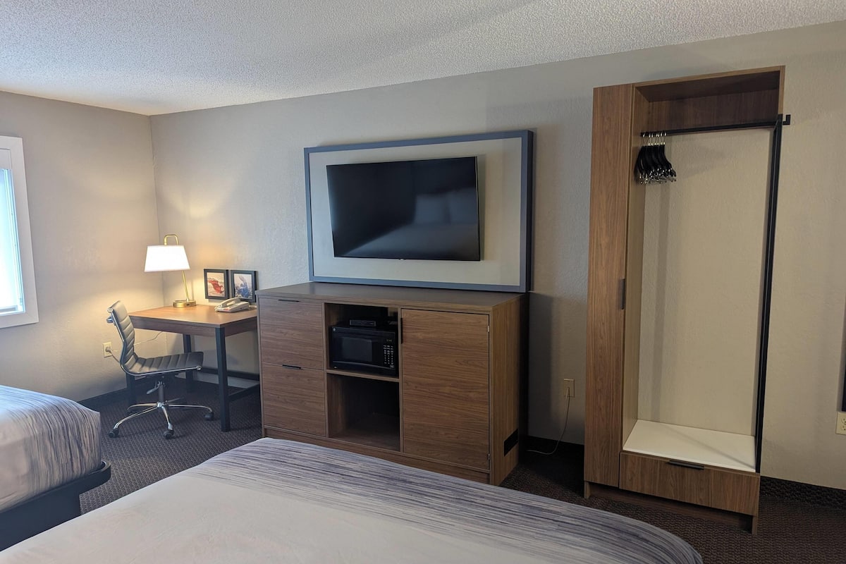 Room, 2 Queen Beds, Non Smoking | Desk, laptop workspace, blackout drapes, iron/ironing board