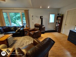 Smart TV, chimenea, libros, biblioteca de música