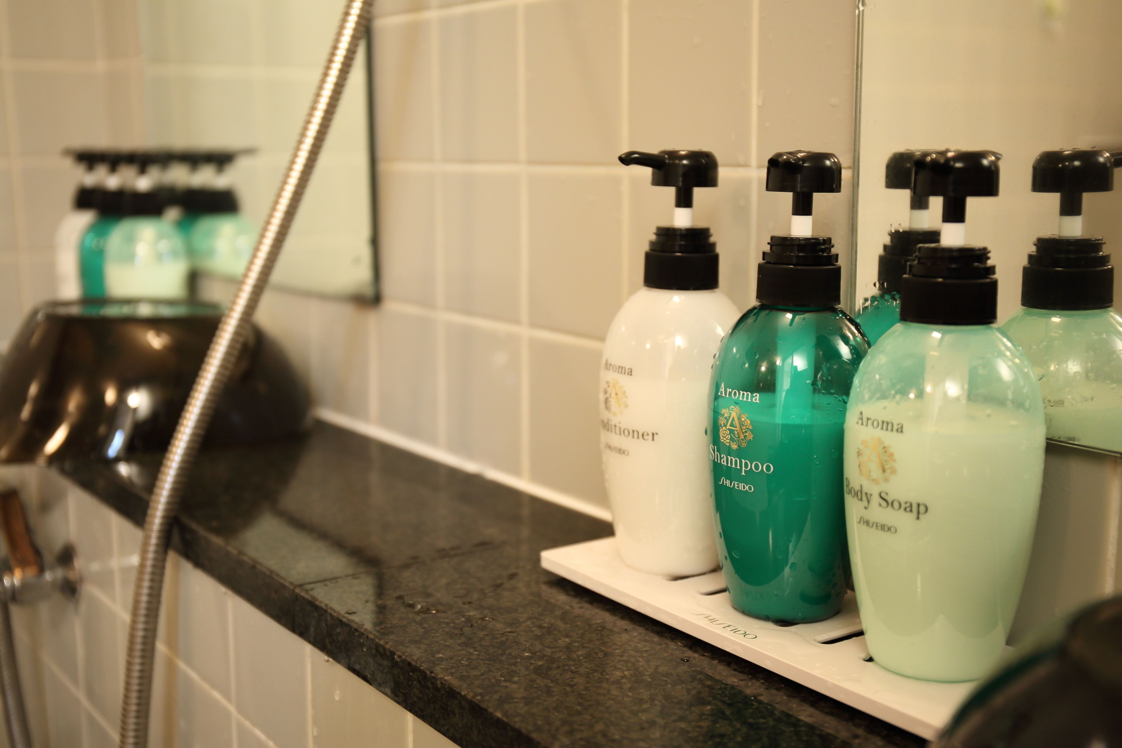 Une salle de bain équipée d’une douche, d’un lavabo et d’une étagère où sont rangées des bouteilles de savon liquide et de shampoing.