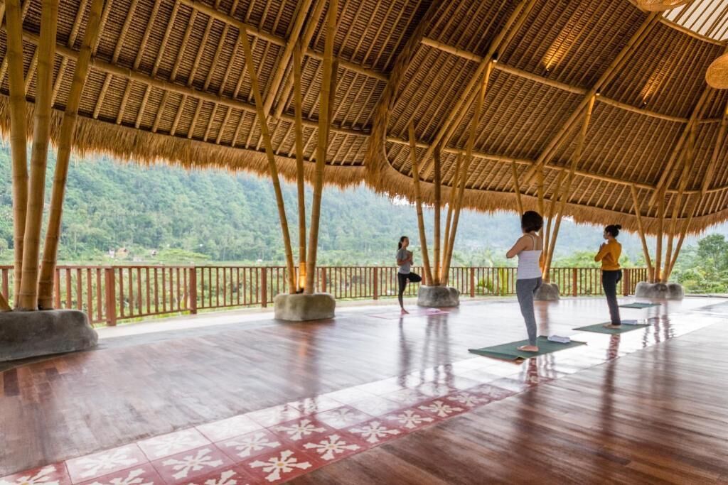 An open-air yoga pavilion with a thatched roof, wooden flooring, and a view of a lush green landscape.