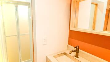 A bathroom with a white sink, a mirror, and a shower door.