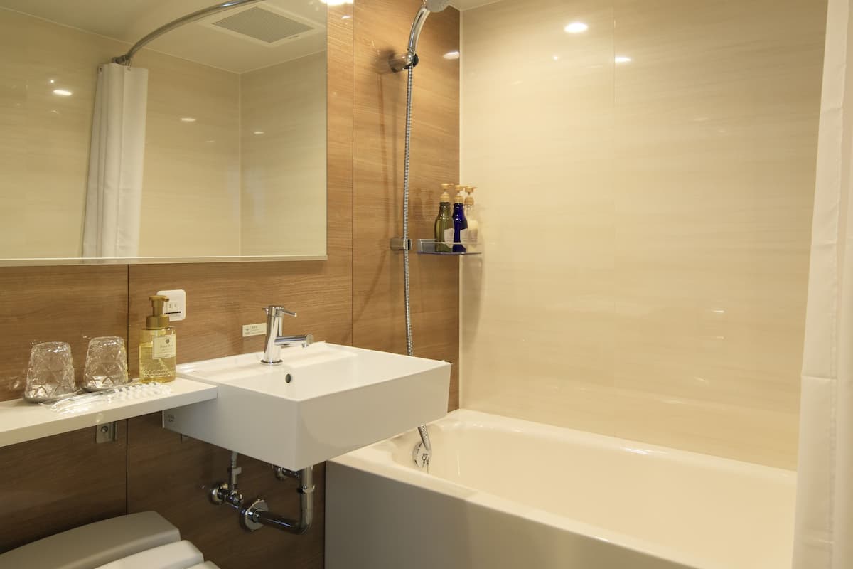 separate bathtub and shower, free toiletries, hair dryer, slippers