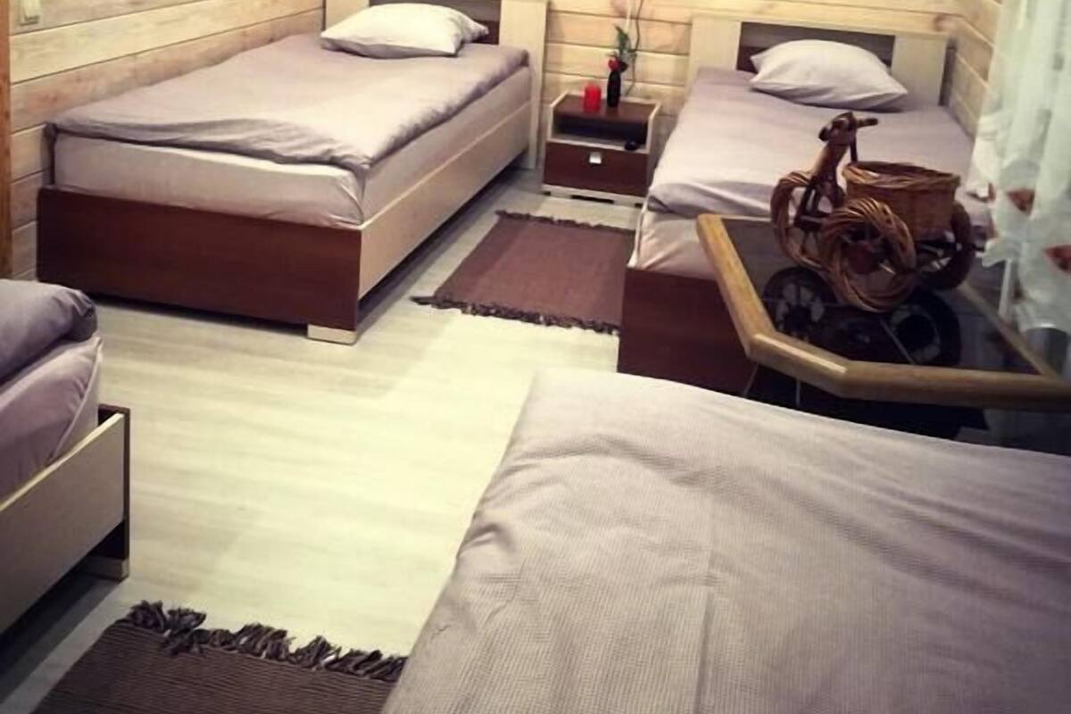 A cozy room with two beds, a TV, and a small table with a decorative item.