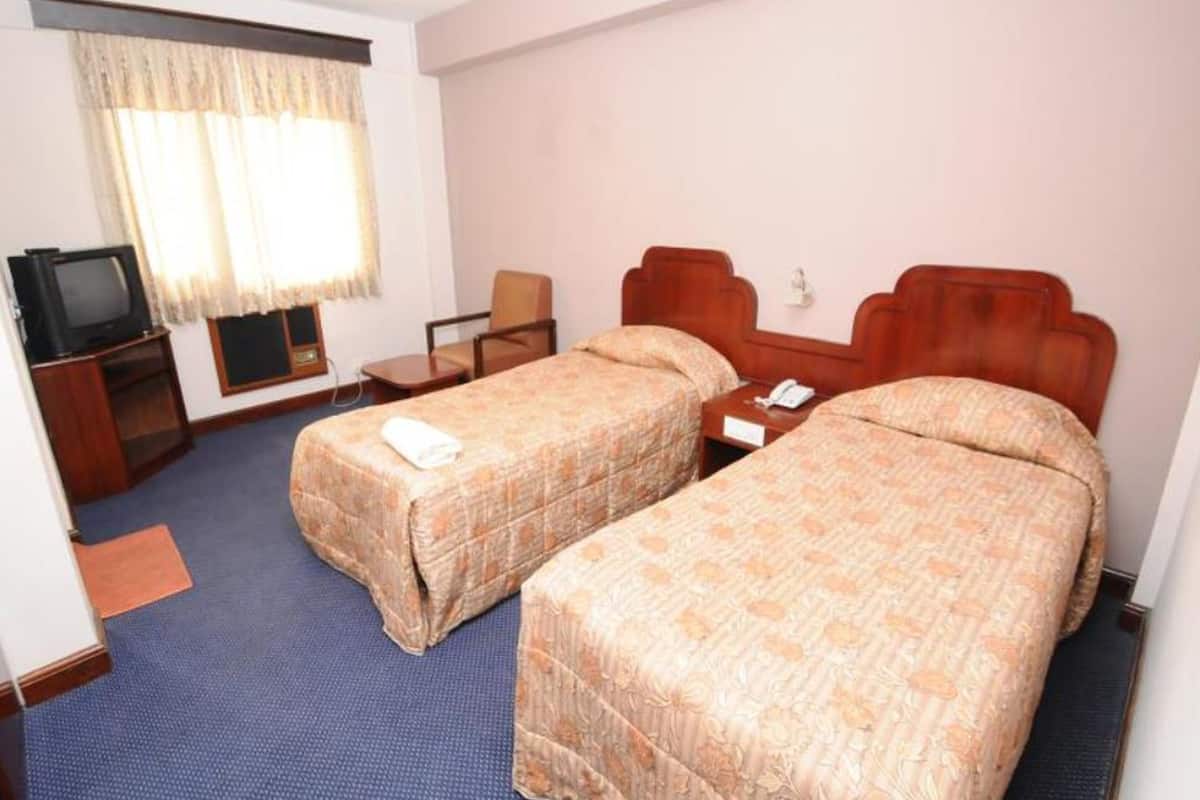 Habitación de hotel con dos camas individuales, televisión, escritorio y una silla.