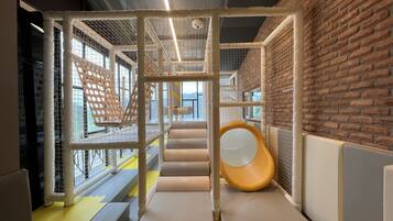 Children can play and climb on interconnected structures, including a slide and climbing wall, within a secure and enclosed space.