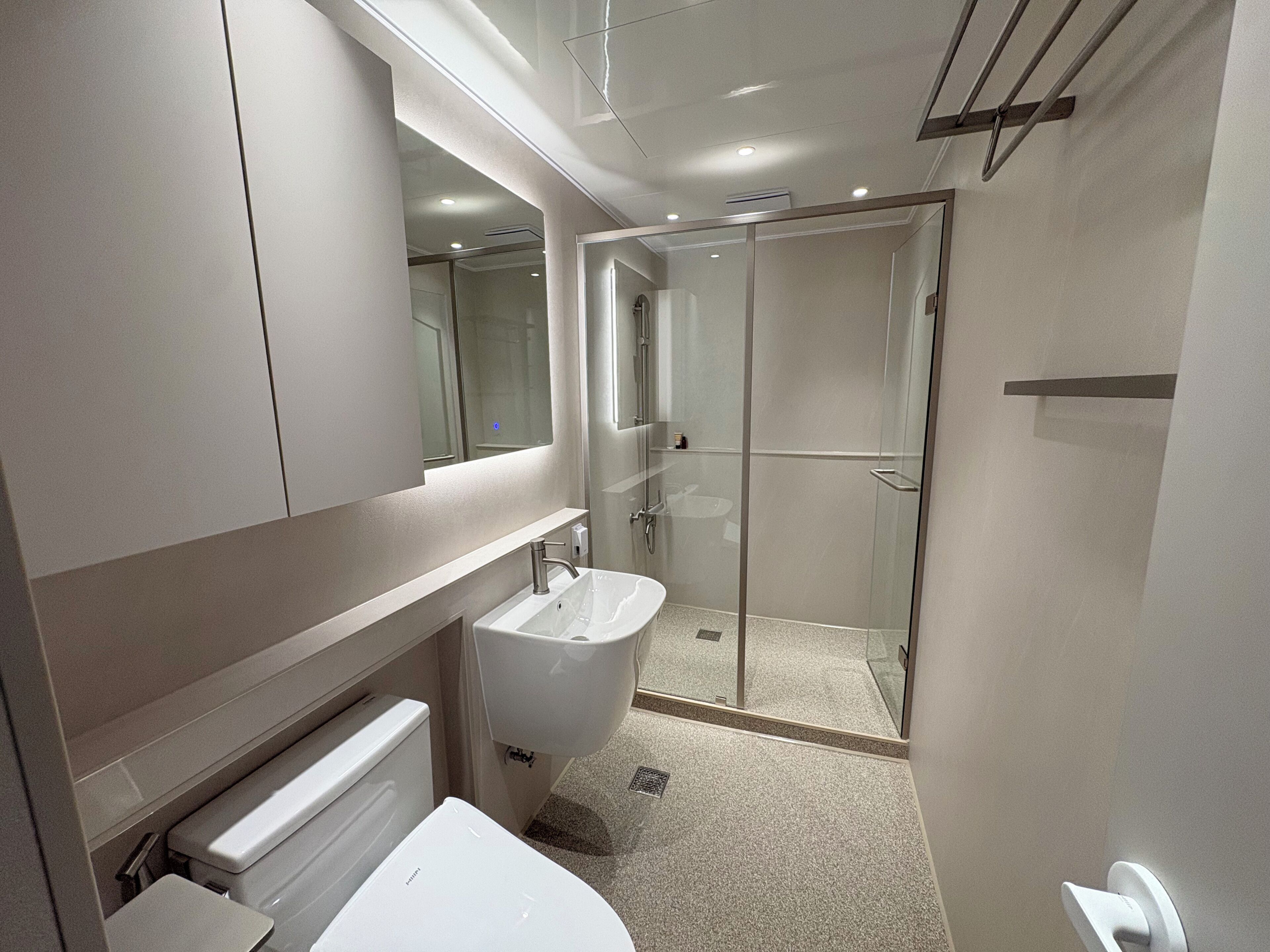 A modern bathroom with a white sink, mirror, and glass shower enclosure.
