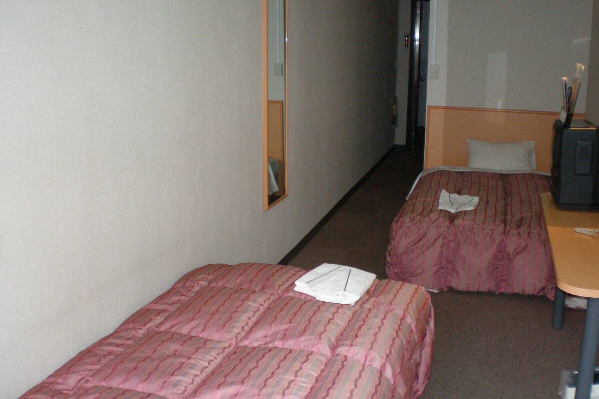 Una habitación de hotel con dos camas individuales, una mesita, un televisor y un espejo en la pared.