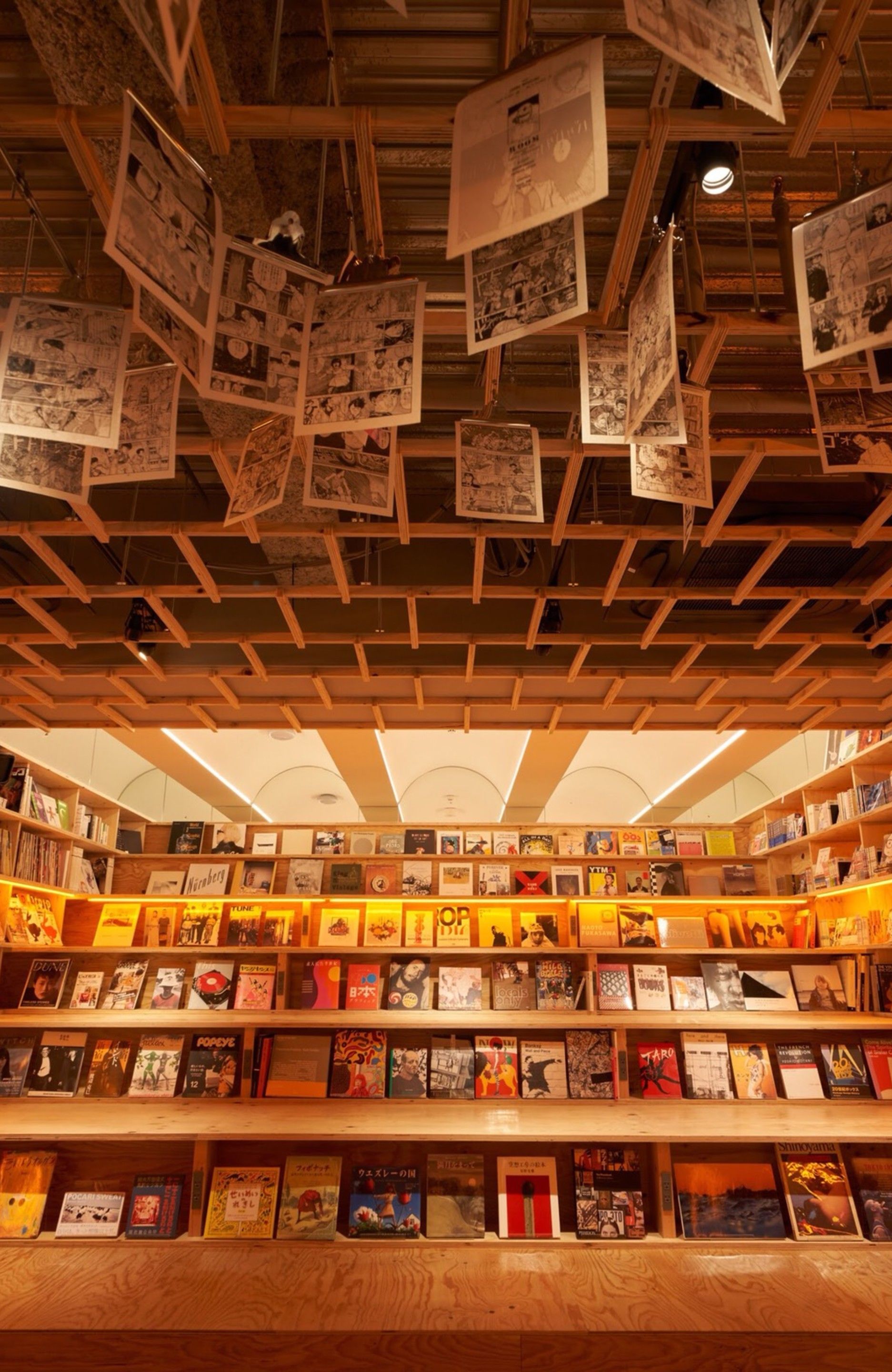 A bookstore with bookshelves and hanging posters.