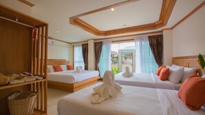 A hotel room with two beds, a wooden wardrobe, a wicker basket, and a view of the outside. - Phurua Inn (Phu Ruea)