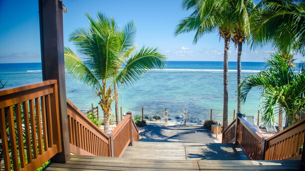 A wooden deck leading to a beach with palm trees and ocean views.