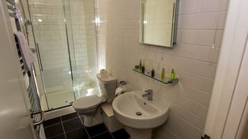 Een badkamer met een douchecabine van glas, een toilet, een wastafel en een spiegel boven de wastafel.