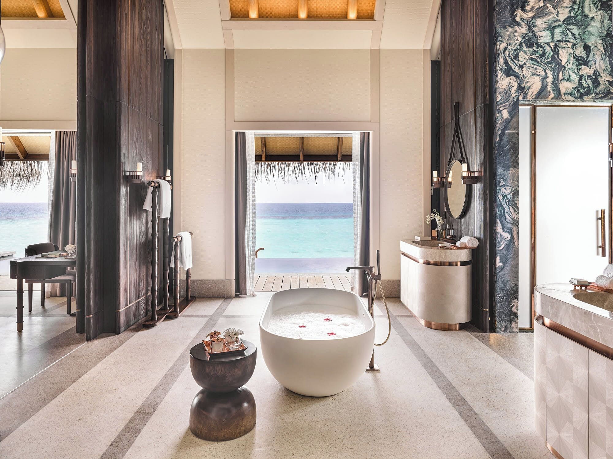 separate bathtub and shower, deep-soaking bathtub, rainfall showerhead