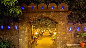 A stone archway with blue-lit windows, leading to a pathway lined with potted plants and glowing lights. - Ranthambhore National Resort (Sawai Madhopur)