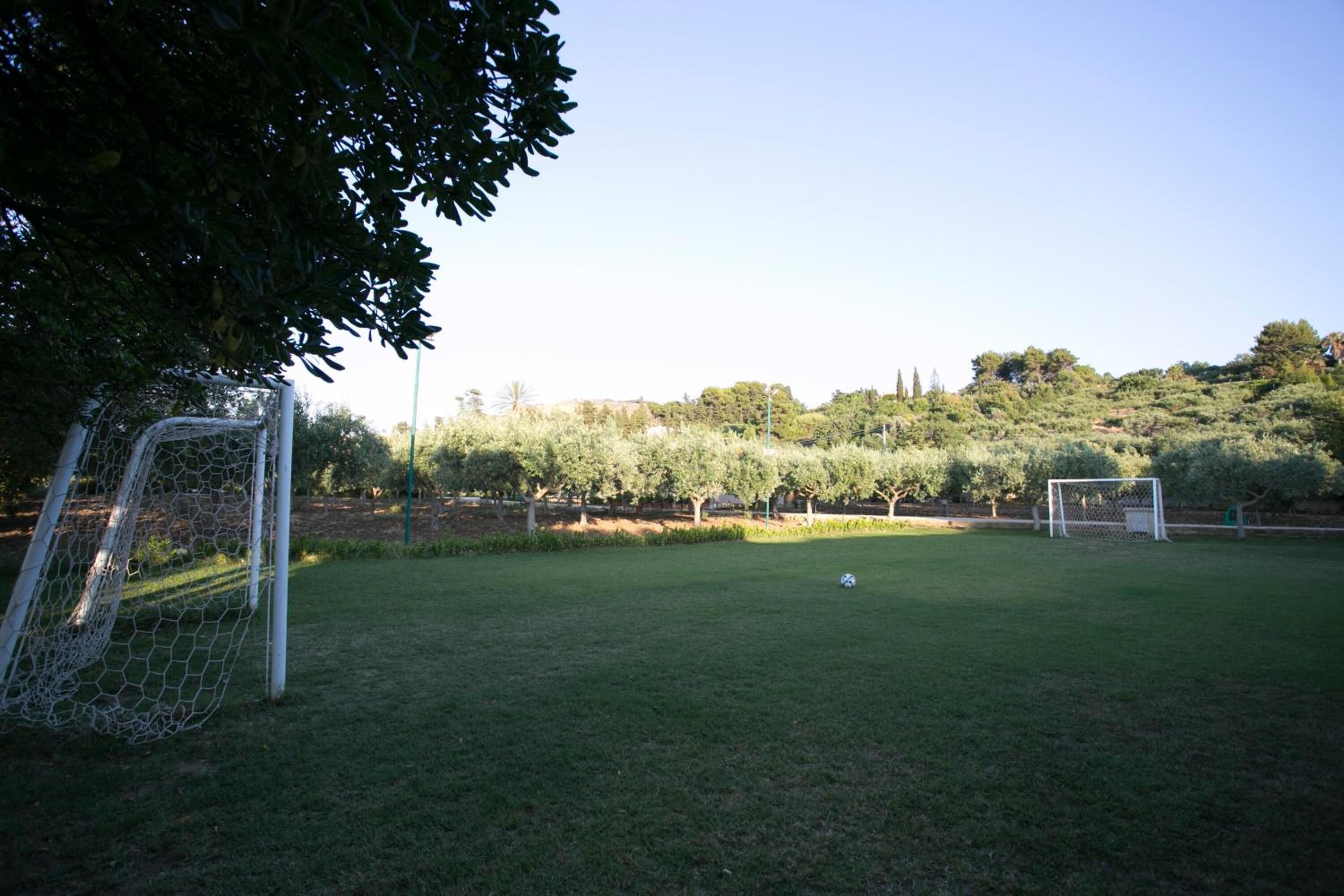 Un campo de fútbol con porterías y una red, rodeado de árboles y una colina al fondo.
