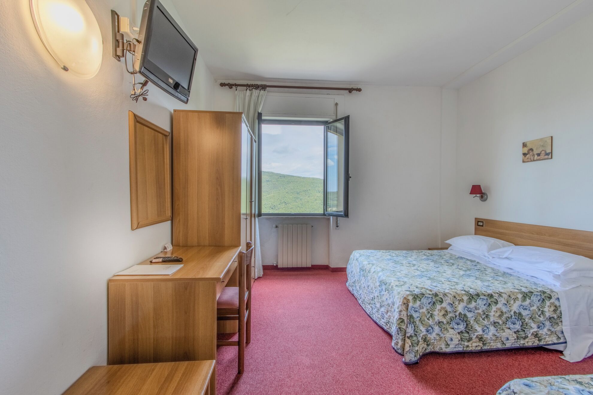 Quarto de hotel com uma cama, uma escrivaninha, televisão e janela com vista para uma colina.