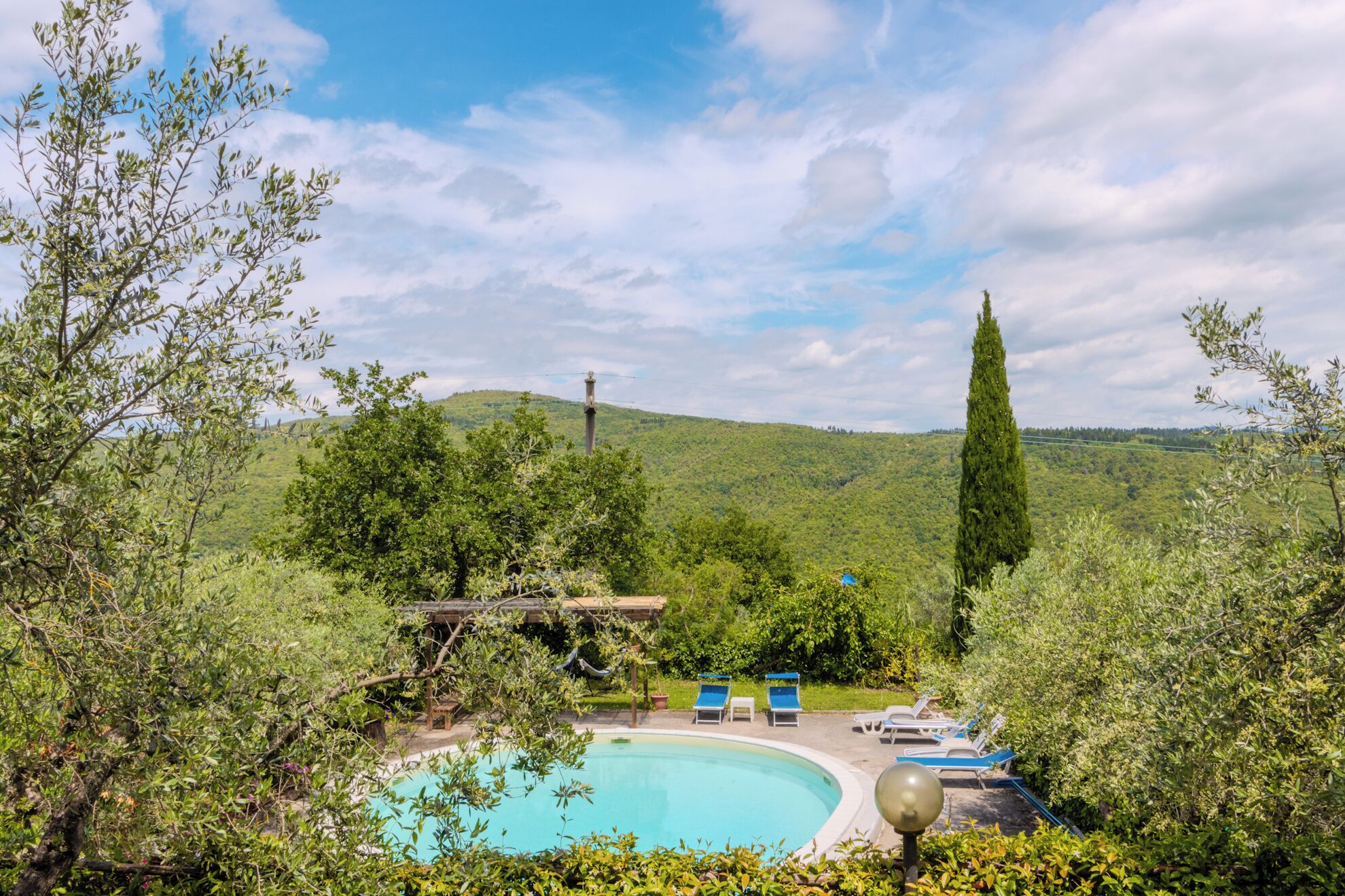 A pool surrounded by lush greenery, a wooden pergola, and a clear view of distant hills.